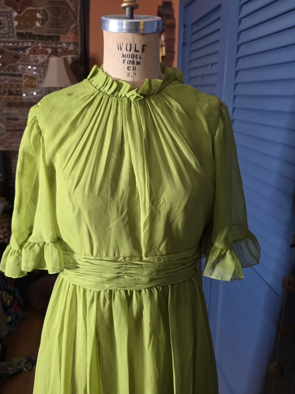 NWT Mac Duggal Chiffon Ruched Illusion Ruffle Gown Olive Chartreuse 8 - Picture 8 of 12